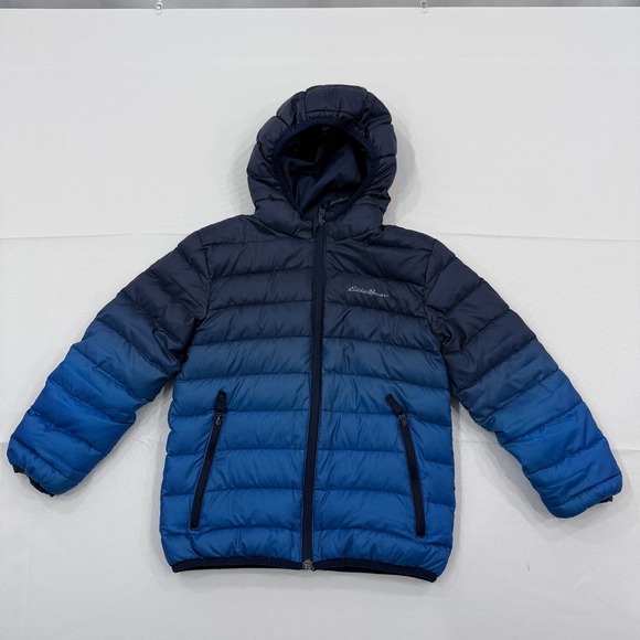 Eddie Bauer Reversible Down Puffer Jacket Boys XS 5/6 Blue Hooded Full Zip - Picture 1 of 9